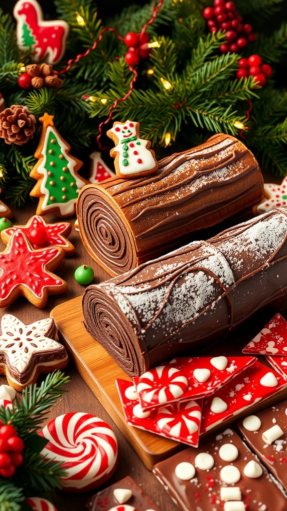 A festive display of Christmas baked goods including gingerbread cookies, yule log, and peppermint bark on a decorated table.